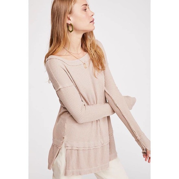 Free People Thermal Top Small Sand Beige Waffle Knit Long Sleeve Oversized - Picture 14 of 14